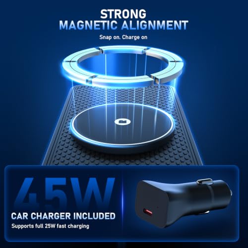 25W Magnetic Wireless Car Charger Pad, REESTECQI for MagSafe Car Charger with 45W USB-C Car Charger, Anti-Slip Wireless Charging Pad for Car Compatible with iPhone 17 16 15 14 13 12 (30CM Cable)
