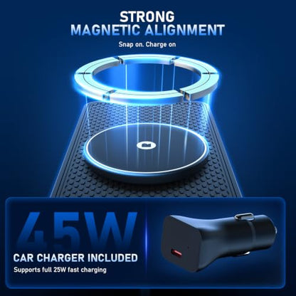 25W Magnetic Wireless Car Charger Pad, REESTECQI for MagSafe Car Charger with 45W USB-C Car Charger, Anti-Slip Wireless Charging Pad for Car Compatible with iPhone 17 16 15 14 13 12 (30CM Cable)