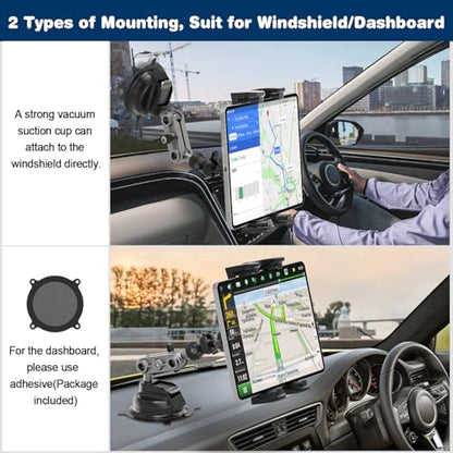 Tablet Mount, Car Tablet Holder Heavy Duty Super Suction Cup/Adhesive Base iPad Stand for Dash Windshield Wall Vehicle Desk, 360° Metal Bracket for 4.7-12.9" iPad Pro/Air/Mini/Galaxy