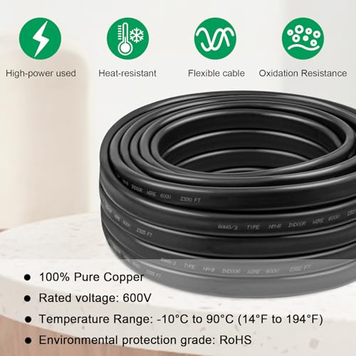 6/3 Wire with Ground - 15FT NM-B 6 Gauge Non-Metallic Sheathed Cable 100% Pure Copper 6 AWG 3 Conductor Residential Indoor Wire for Outlets, Switches, Other Loads and Lighting Wiring Projects etc. - size: 15FT, style: 6AWG/3