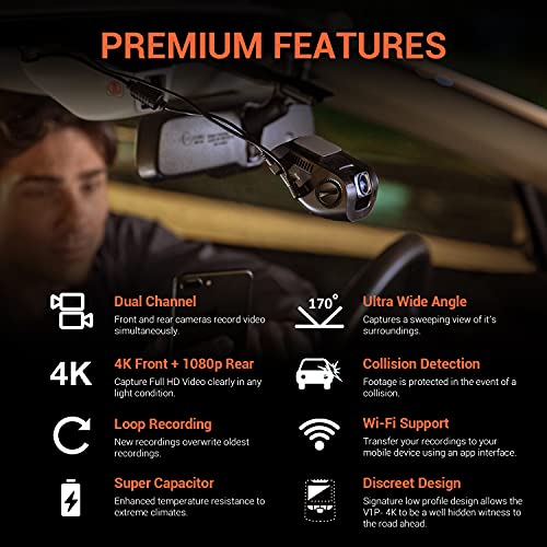 RexingUSA V1P 4K Dual Dash Cam, 4K+1080P Front & Rear, Wi-Fi, 2.4” LCD, 170° Wide Angle, Supercapacitor, G-Sensor, WDR, Loop Recording, App, 32GB Card & Hardwire Kit