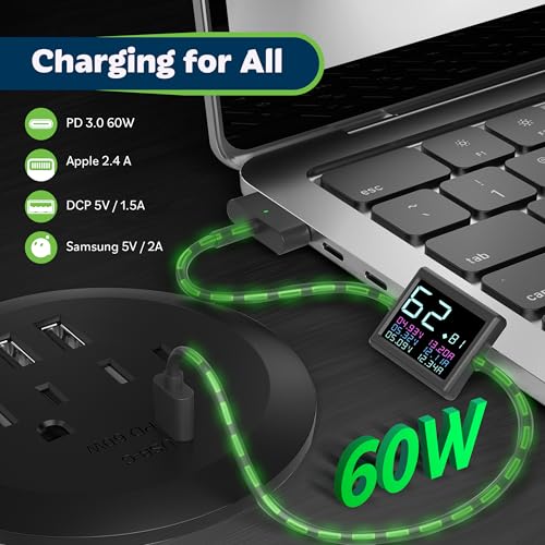 TOPGREENER Desktop Power Grommet with GaN 60W PD, Black - color: Black