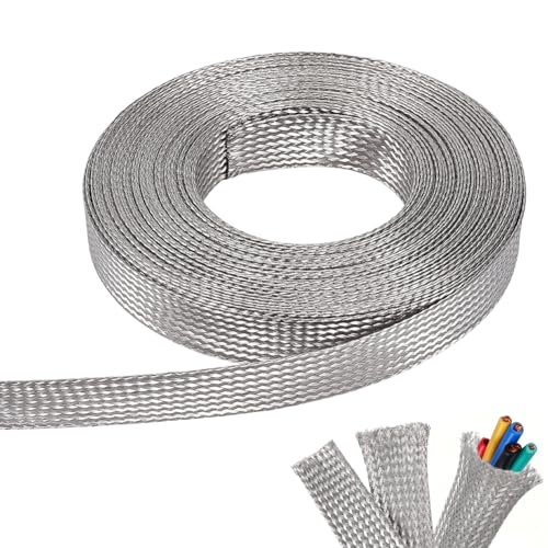 NBEADS 32.8ft 304 Stainless Steel Braided Cable Sleeve, 0.7 Inch Wide Stainless Steel Color Flat Tinned Braided Ground Wire Mesh, Flexible Shielding Sleeve for Cables - size: 32.8ft X 0.7 Inch
