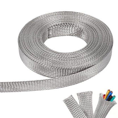NBEADS 32.8ft 304 Stainless Steel Braided Cable Sleeve, 0.7 Inch Wide Stainless Steel Color Flat Tinned Braided Ground Wire Mesh, Flexible Shielding Sleeve for Cables - size: 32.8ft X 0.7 Inch