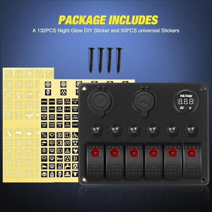 Nilight 6 Gang Rocker Switch Panel On Off with Resettable Circuit Breaker - color: Red, size: 6+3 Gang Dual USB