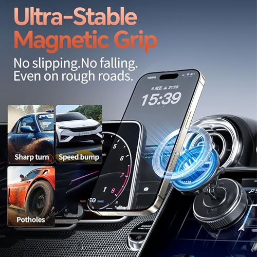 Compatible MagSafe Car Mount - GEATEE Vacuum Magnetic Phone Holder for Car, 360° Adjustable Foldable Car Dash Mount, Reinforced 110+LBS Suction Phone Mount for iPhone 17/16/15/14/13/12&Android, Carbon