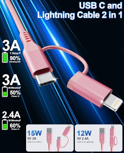 USB to Lightning and USB C Cable 2 in 1 Coiled Pink iPhone Charger - Pink Car Charger Lightning USB C Combo Cable Support Apple Carplay & Android Auto & Data, for iPhone 16 15 14 13 12 11 Android - color: Pink