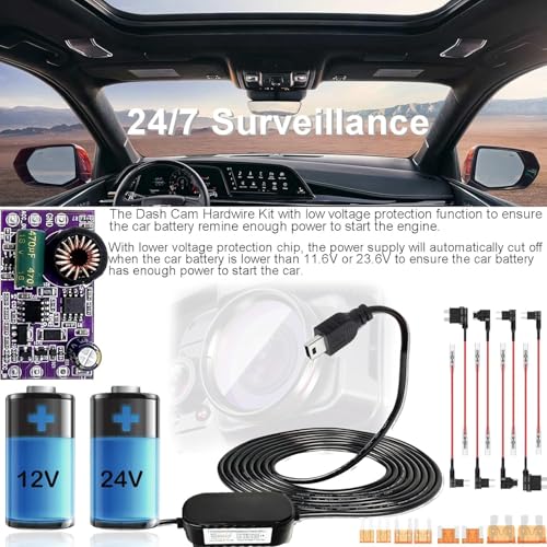 Gebildet Dash Cam Hardwire Kit, Car Dash Camera Mini Charger Hard Wire Kit for Dashcam DC 12-24V to 5V/2.5A Low Voltage Protection 24h Parking Surveillance with Fuse Tap - style: Mini -3 wire with fuse tap