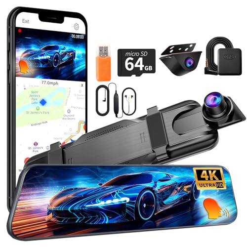Mirror Dual Dash Camera,4K and 2.5K Dash Cam with Voice Control Rear View Mirror Camera and WiFi,GPS Dashcam for Cars with WDR Night Vision, G-Sensor, 24 Parking Monitor ABS (Include 64GB Card) - style: 4K Front + 2.5K Rear + GPS + Voice Control