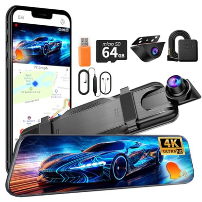 Mirror Dual Dash Camera,4K and 2.5K Dash Cam with Voice Control Rear View Mirror Camera and WiFi,GPS Dashcam for Cars with WDR Night Vision, G-Sensor, 24 Parking Monitor ABS (Include 64GB Card) - style: 4K Front + 2.5K Rear + GPS + Voice Control