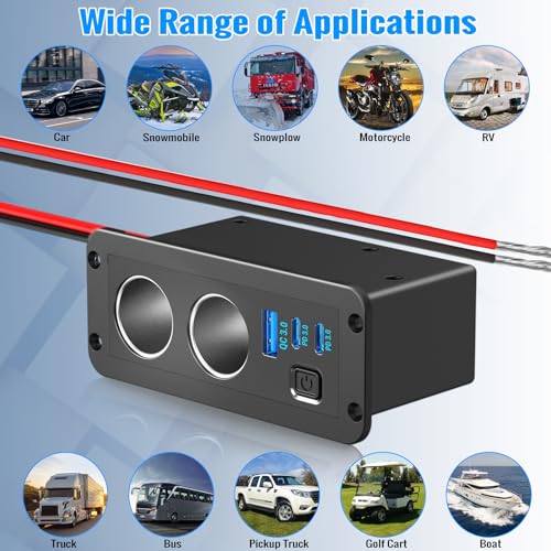 Dual Cigarette Lighter Socket 12V Splitter Panel 78W 12V USB Outlet Dual USB C PD and QC3.0 Port Car Charger Power Outlet with ON/Off Switch 15A Fuse Adapter for Car Boat Marine RV, etc