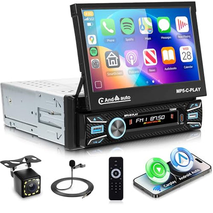 Single Din Car Stereo Touch Screen Flip Out Wireless Carplay Android Auto, 7 Inch Car Radio 1 Din with Bluetooth 5.1 FM Radio Mirror Link EQ/TF/USB/AUX Rear View Camera Steering Wheel Control - style: Electric Retractable Screen with Carplay