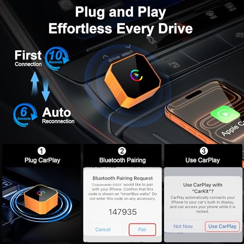 2026 Wireless CarPlay Adapter for iPhone & Android Wired to Wireless CarPlay & Android Auto Plug and Play Fast Auto Reconnect Stable Control Compatible for iOS 10+ & Android11+