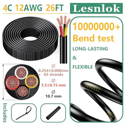 12 Gauge Wire 4 Conductor,12 AWG Electrical Wire Stranded PVC Cord Oxygen-Free Copper Cable 600V 12/4 Core Pure Copper Flexible Cable for LED Lamp Lighting Strips Automotive (12AWG-4C, 26FT) - size: 26FT, style: 12AWG-4C