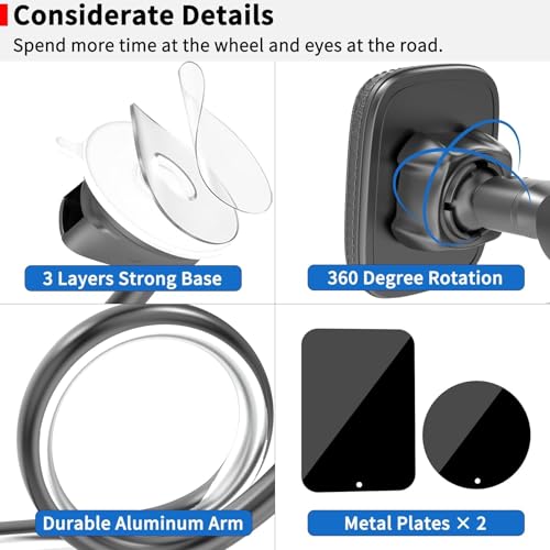 APPS2Car Magnetic Phone Holder for Car, 14-Inch Windshield Phone Mount - color: Black- Magnetic