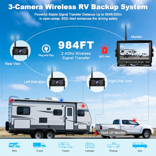 VTimes Wireless Backup 3 Camera for Trucks RV Backup Camera with HD Monitor - color: 7 inch - 3 Cameras