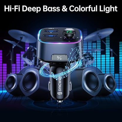 Syncwire Bluetooth 5.4 FM Transmitter Car Adapter 48W(PD 36W & 12W) [Light Switch] [Hi-Fi Deep Bass] [Fast Charging] Wireless Radio Music Adapter LED Display Hands-Free Calling Support USB Drive - color: Dark Blue, style: 48W
