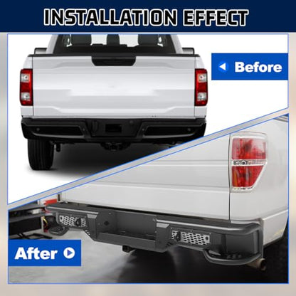 Rear Step Bumper Compatible with Ford F-150 2006-2014, Back Bumper for Ford F150 06-14 w/Shackle Mounting Bracket, Parking Sensor Holes, License Plate Lights Mounting Hole, Spare tyre Operating Hole