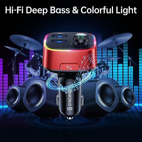 Syncwire Bluetooth 5.4 FM Transmitter Car Adapter 48W (PD 36W & 12W) [Light Switch] [Hi-Fi Deep Bass] [Fast Charge] Wireless Radio Music Adapter LED Display Hands-Free Calling Support USB Drive, Red - color: Red, style: 48W