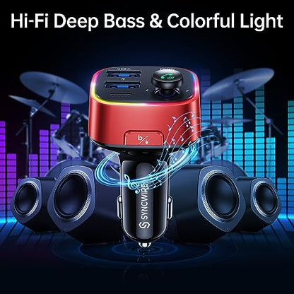 Syncwire Bluetooth 5.4 FM Transmitter Car Adapter 48W (PD 36W & 12W) [Light Switch] [Hi-Fi Deep Bass] [Fast Charge] Wireless Radio Music Adapter LED Display Hands-Free Calling Support USB Drive, Red - color: Red, style: 48W