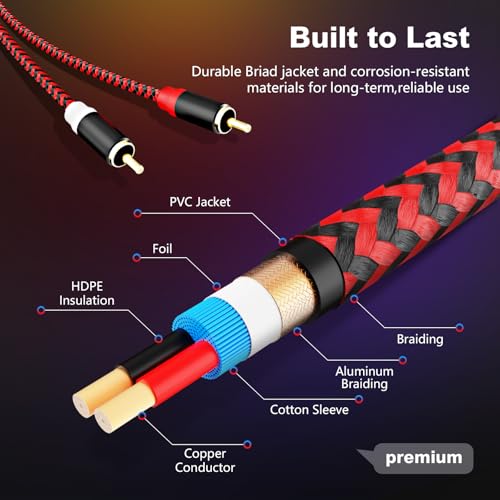 RCA Cable 12Ft,2Rca Male to 2-Rca Male Audio Stereo Subwoofer Cable [Hi-Fi Sound] Nylon-Braided Auxiliary Audio Cord for Home Theater, HDTV, Amplifiers, Hi-Fi Systems,Speakers and etc(12Ft/4M) - size: 12Ft/4M