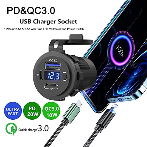 Zennova, 5 Pack USB C Charging Adapter, 58W 12v Outlet with PD USB C & QC 3.0 Ports, Waterproof, Voltmeter, Power Switch for Car, Golf Cart, Boat, Marine, Bus, Truck, RV, Motorcycle - color: 2PD+1QC