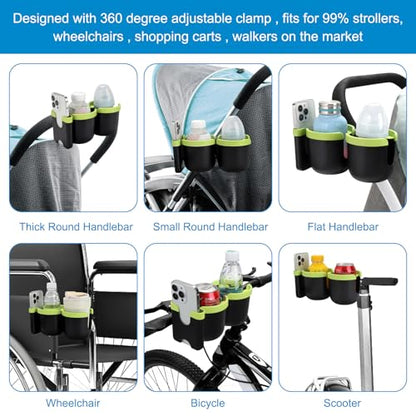 Accmor Stroller Cup Holder with Phone Holder, Bike Cup Holder, Universal Cup Holder for Uppababy Nuna Strollers, 2-in-1 Drinks Holder for Walker, Wheelchair, Scooter - color: Double Holder-Green