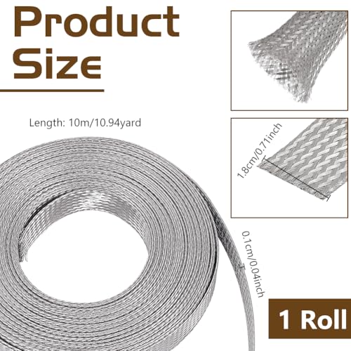 NBEADS 32.8ft 304 Stainless Steel Braided Cable Sleeve, 0.7 Inch Wide Stainless Steel Color Flat Tinned Braided Ground Wire Mesh, Flexible Shielding Sleeve for Cables - size: 32.8ft X 0.7 Inch