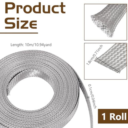 NBEADS 32.8ft 304 Stainless Steel Braided Cable Sleeve, 0.7 Inch Wide Stainless Steel Color Flat Tinned Braided Ground Wire Mesh, Flexible Shielding Sleeve for Cables - size: 32.8ft X 0.7 Inch
