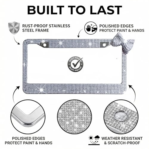 Wanheart 1 Pack White Bling License Plate Frame with White Corner Bow - color: White Frame + White Bow
