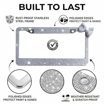 Wanheart 1 Pack White Bling License Plate Frame with White Corner Bow - color: White Frame + White Bow