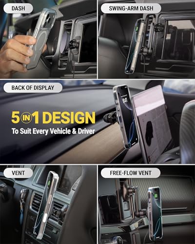Scosche Qi2 MagSafe Car Mount Charger 25W Fast Wireless Phone Holder with 5-in-1 Mounting Options for Vent, Dashboard, Swing Arm, Back-of-Display, Compatible with iPhone 17/16/15/14/13 & Samsung S25
