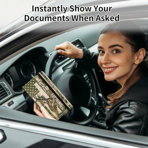 Car Registration and Insurance Card Holder Wallet, Deer Hunting Fishing Faith Vehicle Document Organizer for Glove Box, Auto License & ID Card Holder Case, Slim Multi-Slot Car Paper Organizer - color: Deer Hunting Fishing Faith