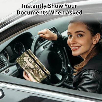 Car Registration and Insurance Card Holder Wallet, Deer Hunting Fishing Faith Vehicle Document Organizer for Glove Box, Auto License & ID Card Holder Case, Slim Multi-Slot Car Paper Organizer - color: Deer Hunting Fishing Faith