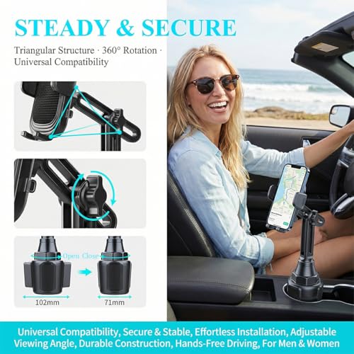 Guilcam Cup Phone Mount for Car, 360° Rotation Carbon Fiber Automotive Cup Smartphone Holder, Adjustable Neck Long Arm Vehicle Cellphone Expander Cradle Holder, Universal Fit