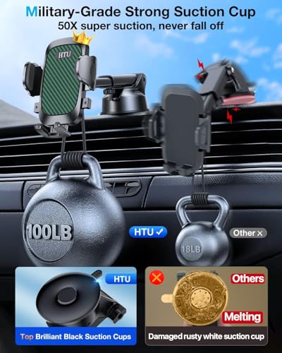 HTU Car Phone Holder【2026 Upgraded 100+LBS Suction & Safety Cert】 Cell Phone Car Mount for Truck Heavy Duty Phone Holder for Dashboard/Windshield/Vent for iPhone 17 16 Pro Max, Green - color: Green