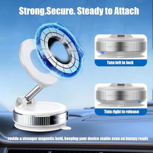 Upgraded Vacuum Magnetic car PhoneHolder, Strongest Suction Cup Phone Holder, 720°Foldable car Holder, Suitable forCars/Mirrors/Smooth Surface, Compatible withiPhone and Android (White) - color: White