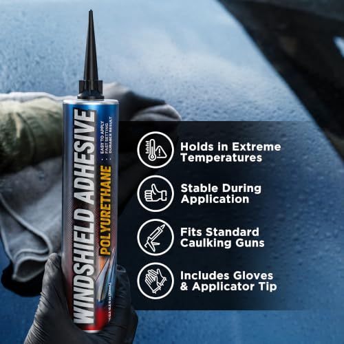 Urethane Windshield Adhesive - Quick Curing & Weather Resistant Auto Glass Adhesive, Vertical & Overhead Application, Windshield Repair Kit with Gloves, Applicator Tip & Cartridge - 310ml Black
