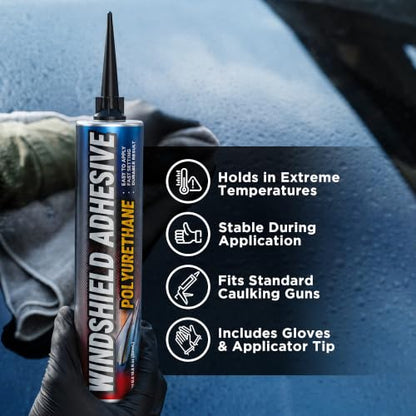 Urethane Windshield Adhesive - Quick Curing & Weather Resistant Auto Glass Adhesive, Vertical & Overhead Application, Windshield Repair Kit with Gloves, Applicator Tip & Cartridge - 310ml Black