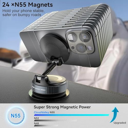 CloudValley 15W Fast Wireless Charger Car Phone Mount Charger with Type-C Fast Car Charger, Vacuum Suction Cup Magnetic Phone Holder Design for MagSafe iPhone 17 Pro Max 16-12 Series,Pixel 10 Pro XL - style: Charger Mount With Adapter