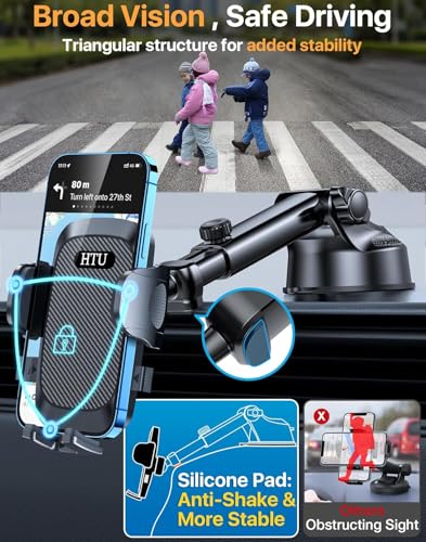 HTU Car Phone Holder【2026 Upgraded 100+LBS Suction & Safety Cert】 Cell Phone Car Mount for Truck Heavy Duty Phone Holder for Dashboard/Windshield/Vent for iPhone 17 16 Pro Max, Dark Black - color: Dark Black