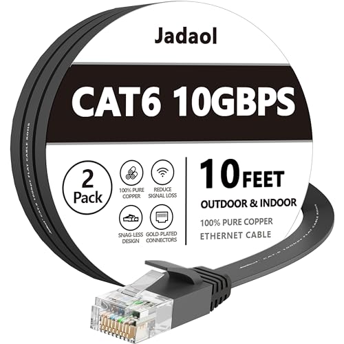 Jadaol Cat6/Cat6A Ethernet Cable 10FT 2Pack Flat 10Gbps Network Cable Black - color: Black, size: 10ft, style: Flat