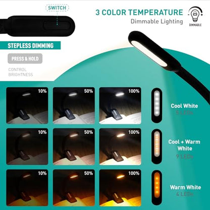 Rechargeable Book Light for Reading - 9LED Eye-Caring Clip Light w/ 9 Color Temp, Stepless Dimming, 50H Battery, USB-C, Ultra Slim - Gift for Book Lovers (Black) - color: Black