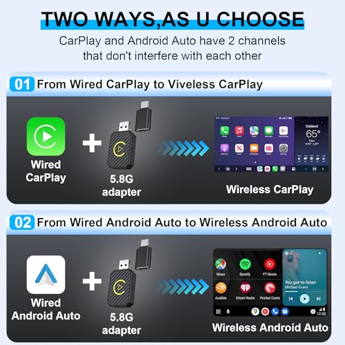 2025 Upgraded Mini Android Auto and Wireless CarPlay Adapter Convert Factory Wired to Wireless Dongle, USB CarPlay Wireless Stick Android Auto Adapter for iOS 12+/Android No Delay