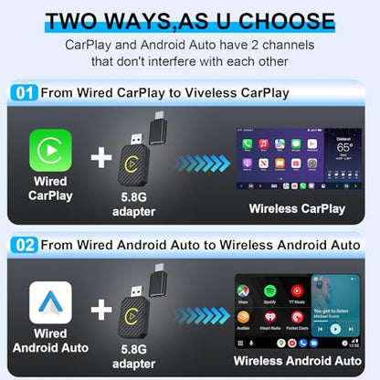2025 Upgraded Mini Android Auto and Wireless CarPlay Adapter Convert Factory Wired to Wireless Dongle, USB CarPlay Wireless Stick Android Auto Adapter for iOS 12+/Android No Delay