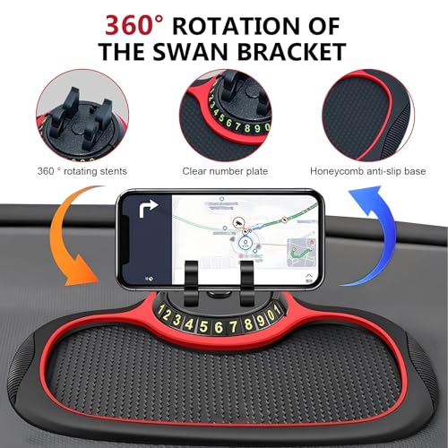Car Anti-slip Mat Phone Holder, Multi-functional Center Console Storage Mat with Temporary Parking Numbers, 360 Degrees Rotatable Phone Holder, for Phones, Sunglasses, Keys (Black & Red)