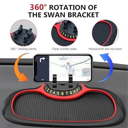 Car Anti-slip Mat Phone Holder, Multi-functional Center Console Storage Mat with Temporary Parking Numbers, 360 Degrees Rotatable Phone Holder, for Phones, Sunglasses, Keys (Black & Red)