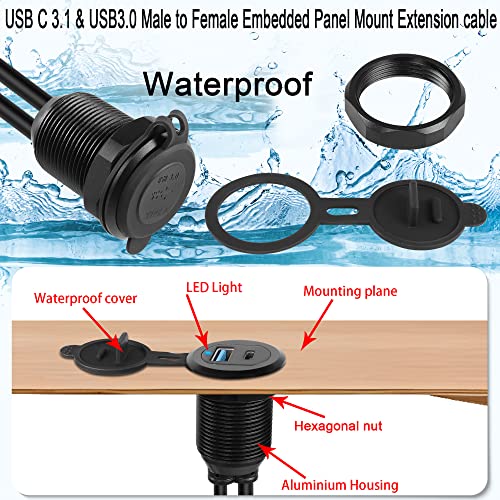 QIANRENON USB C3.1 & USB3.0 Embedded Car Waterproof Cable 10Gbps USB Type C 3.1 & USB3.0 Threaded Mounting Extension Cable, PD65W,Support 4K Video,LED,Al housing,for Dashboard car Boat Moto,2M/6.5ft