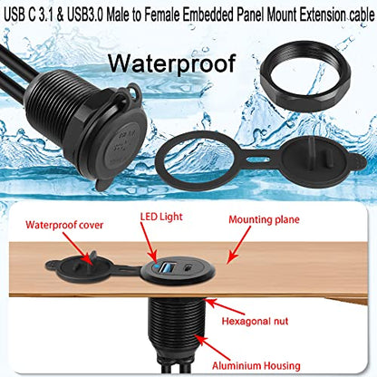 QIANRENON USB C3.1 & USB3.0 Embedded Car Waterproof Cable 10Gbps USB Type C 3.1 & USB3.0 Threaded Mounting Extension Cable, PD65W,Support 4K Video,LED,Al housing,for Dashboard car Boat Moto,2M/6.5ft