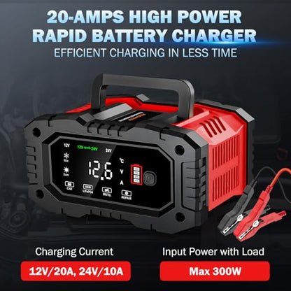 20-Amp Car Battery Charger, 12V/20A and 24V/10A LiFePO4,Lead-Acid(AGM/Gel/SLA) Automatic Smart Trickle Charger Maintainer,Desulfator, 300W Fast Charging for Automotive Truck Motorcycle Lawn Mower Boat